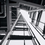 Black-and-white-view-of-modern-building-structure-from-below