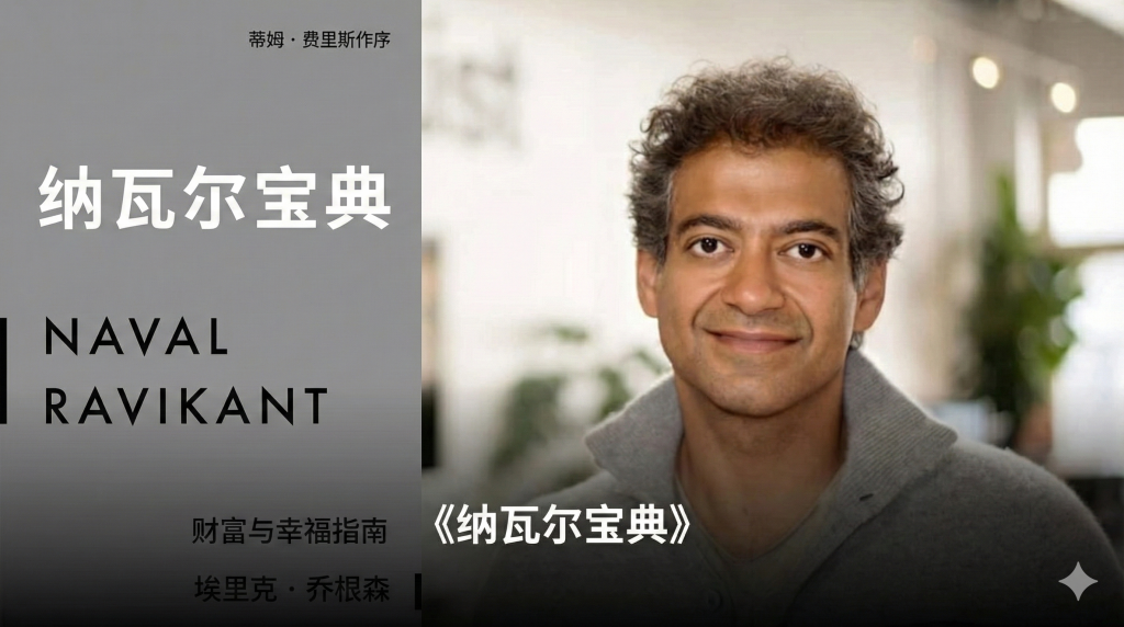 一张结合了书籍封面与作者近照的中文创意图片。左侧是《纳瓦尔宝典》（The Almanack of Naval Ravikant）的简约书籍封面，背景为干净的白色。右侧是纳瓦尔·拉维康特（Naval Ravikant）微笑着的近照，展现出智慧且从容的形象。图片中央下方印有醒目的白色中文字体，标题为“纳瓦尔宝典：财富与幸福指南”。