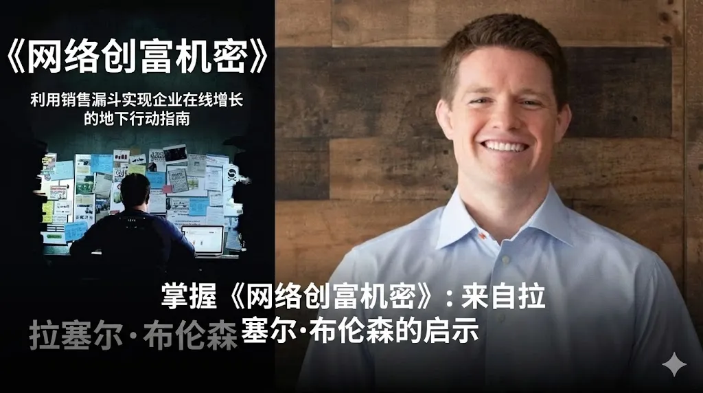 一张关于数字营销和销售漏斗的中文封面图。左侧是罗素·布伦森（Russell Brunson）的著作《网络营销秘籍》（DotCom Secrets）的中文版封面，背景展示了一个充满计划便签的作战室。右侧是作者罗素·布伦森微笑着的专业近照，背景为深色木质墙面。图片中央覆盖着醒目的白色中文字体，标题为“罗素·布伦森《网络营销秘籍》核心见解