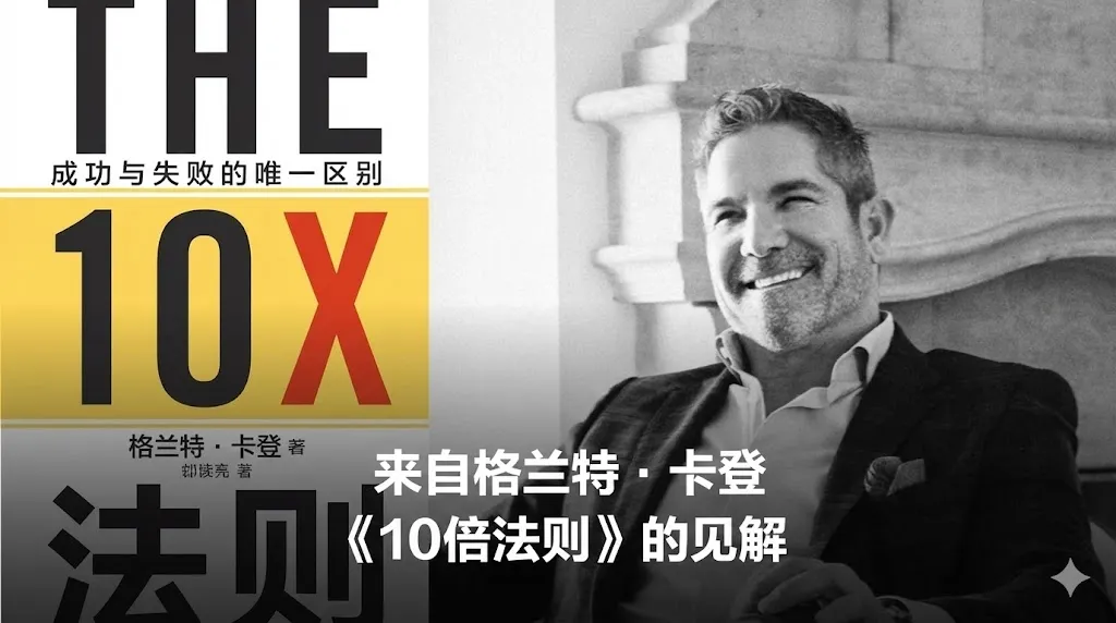 一张结合了书籍封面与作者形象的中文创意图片。左侧是格兰特·卡多恩（Grant Cardone）的著作《The 10X Rule》（10倍法则）封面，上方有醒目的黄色色块，中心印有大号字体的“10X”。右侧是作者格兰特·卡多恩面带自信微笑的黑白近照。图片下方覆盖着醒目的白色中文字体，标题为“来自格兰特·卡多恩《10倍法则》的见解”