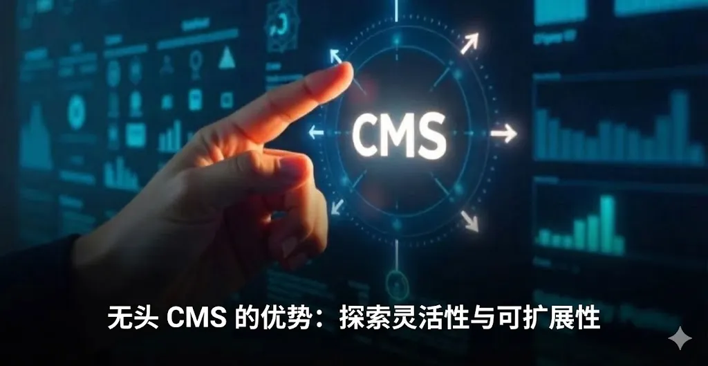 一张充满未来感的科技主题图片。画面展示了一只手正在与一个复杂的数字化仪表盘进行交互，背景中充满了各种数据可视化图表和节点。中心位置是一个发光的圆形界面，中间印有“CMS”字样，象征着内容管理系统。整体背景为深蓝色，营造出专业且先进的技术氛围。图片下方覆盖着醒目的白色中文字体，标题为“无头 CMS 的优势：探索灵活性与可扩展性”