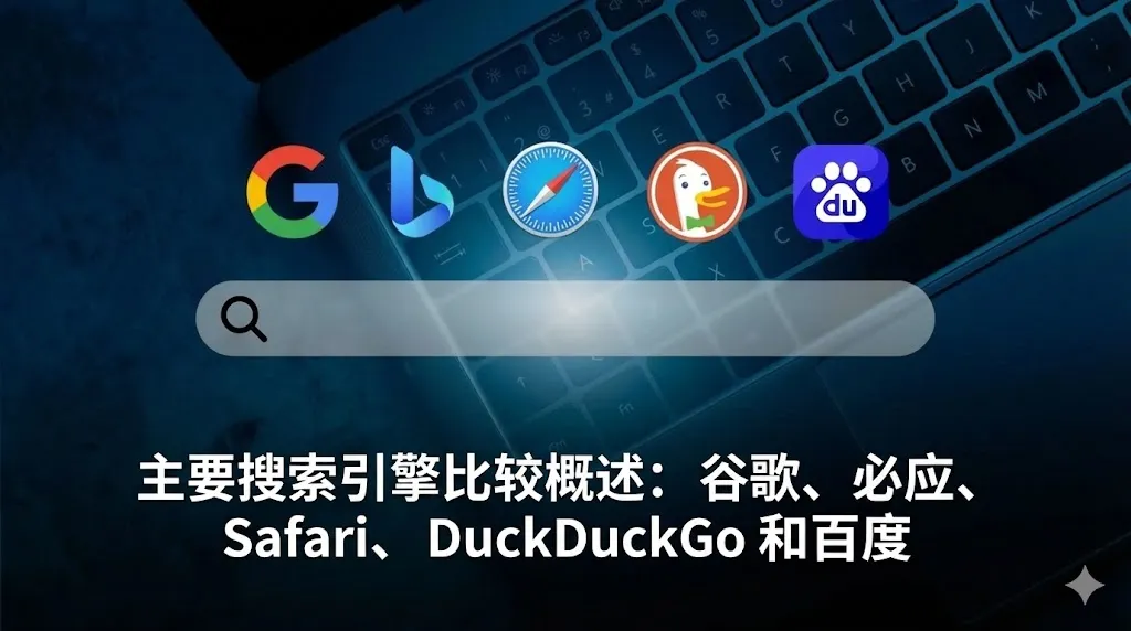 主要搜索引擎对比概览:谷歌、必应、Safari、DuckDuckGo 和百度 一张展示五大主流搜索引擎品牌标识的对比图片。背景是深色的笔记本电脑键盘,画面中央并排排列着 Google、Bing、Safari、DuckDuckGo 和百度的图标。图标下方是一个半透明的搜索框,象征着网络搜索功能。图片底部覆盖着清晰的白色中文字体,标题为“主流搜索引擎对比概览:Google、Bing、Safari、DuckDuckGo 与百度”