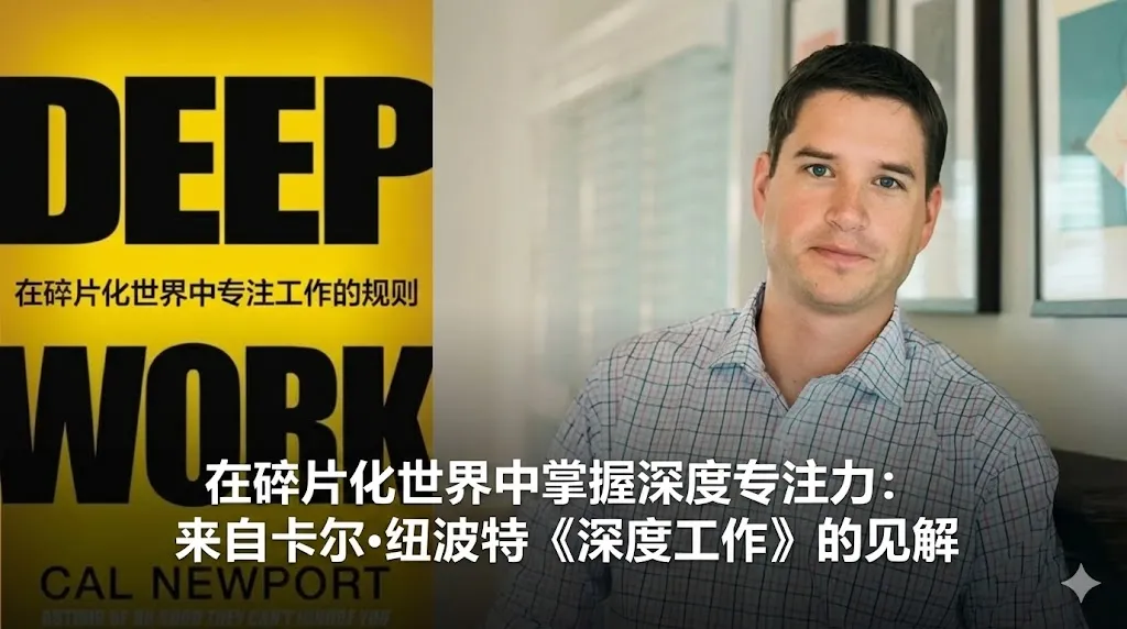一张结合了书籍封面与作者形象的中文创意图片。左侧是卡尔·纽波特（Cal Newport）的畅销书《Deep Work》（深度工作）封面，采用醒目的黄黑配色。右侧是作者卡尔·纽波特身穿格子衬衫、表情专注且平和的半身肖像。整张图片风格简约干净，象征着高效与专注。图片下方覆盖着醒目的白色中文字体，标题为“卡尔·纽波特《深度工作》：在碎片化世界中掌握深度专注力”。
