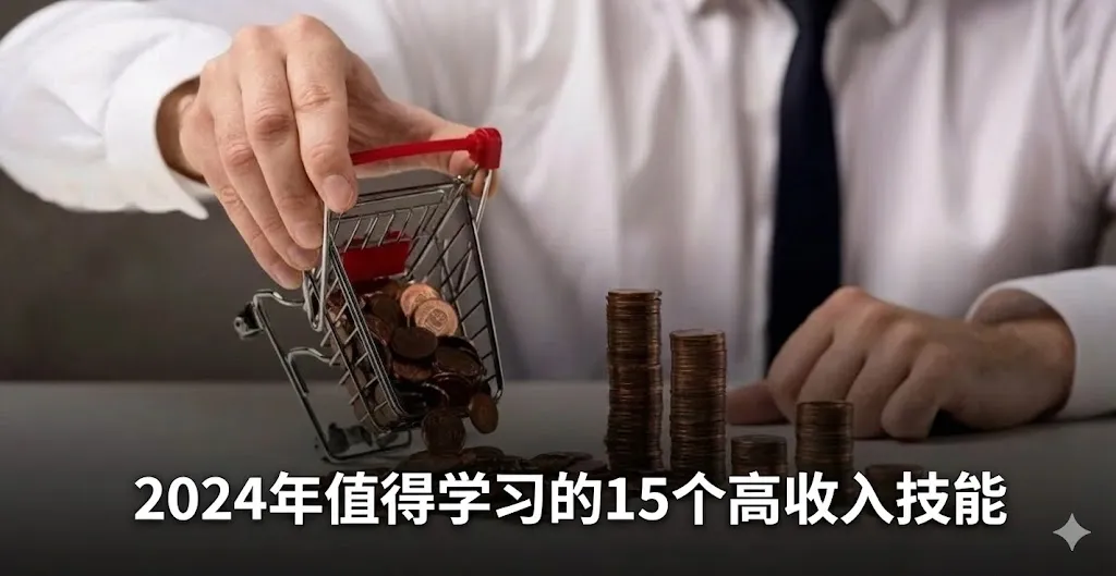 一张富有象征意义的商业主题图片。画面中，一名身穿白色衬衫、打着领带的商务人士正推着一个装满硬币的小型红色购物车，将硬币倾倒在桌面上，旁边堆叠着整齐的硬币柱。这象征着通过技能积累财富。图片下方覆盖着醒目的白色中文字体，标题为“2024年值得学习的15个高收入技能