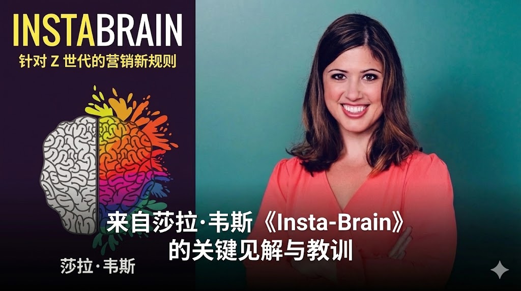 一张结合了书籍封面与作者形象的中文创意图片。左侧是莎拉·魏瑟（Sarah Weise）的著作《InstaBrain》（中文译名参考：简短营销）封面，展示了一个半边为大脑解剖图、半边为彩色泼墨效果的大脑图案，象征着针对 Z 世代的创意与神经行销学。右侧是作者莎拉·魏瑟面带亲切微笑的近照。图片下方覆盖着醒目的白色中文字体，标题为“莎拉·魏瑟《简短营销》：核心见解与课程