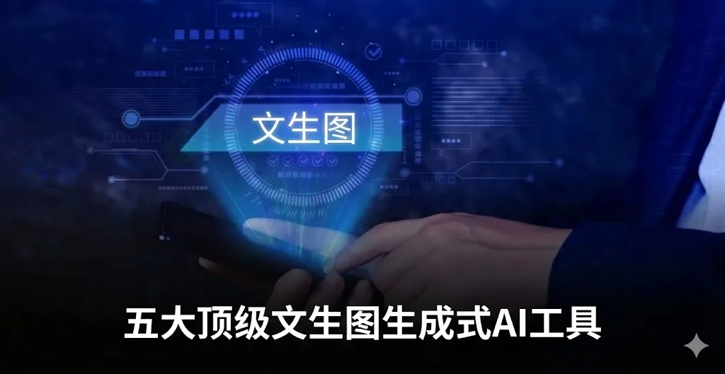 一张极具科技感的示意图，展示了文本生成图像的人工智能技术。画面中，一只手正操作着智能手机，手机上方悬浮着蓝色的全息投影界面，中心显示着“文本生成图像” (Text-to-Image) 字样，并伴有数字化的处理进度和确认图标。图片底部印有醒目的白色中文字体，标题为“五大顶尖文本生成图像 AI 工具”