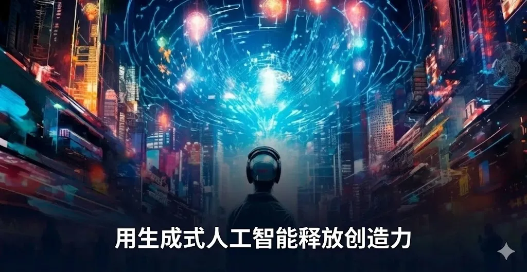 一张充满赛博朋克风格的超现实主义艺术图，展现了生成式 AI 带来的无限创意。画面中心是一个背对着镜头的身影，戴着耳机，正面对着一个由绚丽光影、数字粒子和旋转能量流构成的庞大未来都市。天空被蓝绿色和橙色的数字辉光填满，象征着 AI 激发的头脑风暴。图片下方覆盖着醒目的白色中文字体，标题为“释放生成式 AI 的创意力量”。